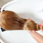 Hands of hairdresser washing woman hair at salon