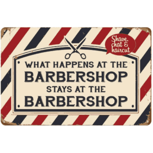 Barbershop quote in a wooden board with red and blue stripes